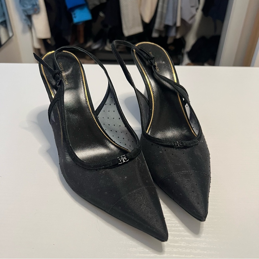 Tory Burch Black Mesh Pointed sling back Heels